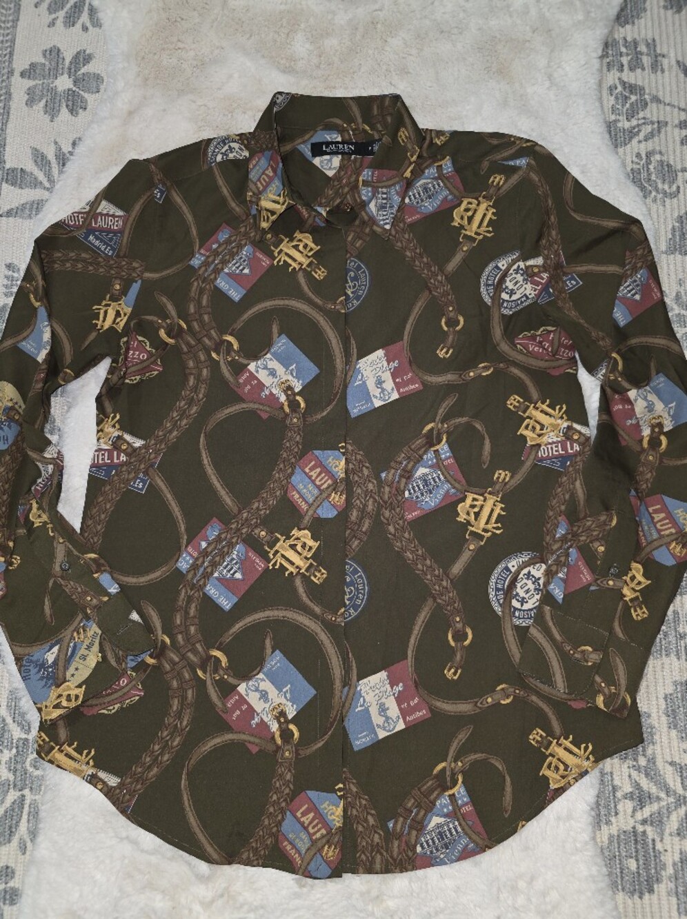Lauren Ralph Lauren Classic Fit Belt Print Crepe Shirt Medium Excellent - Picture 3 of 8